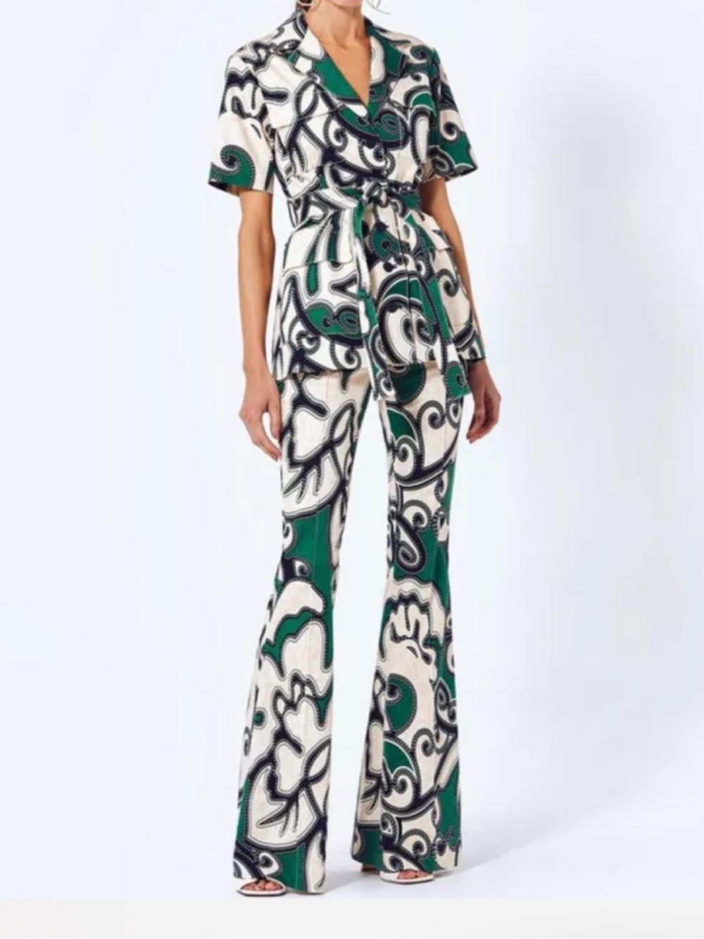 Alexis Set Green & White Printed Pant and Top